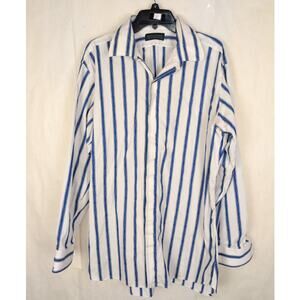 Martin Greenfield Hand Tailored white and blue striped button up dress shirt XL